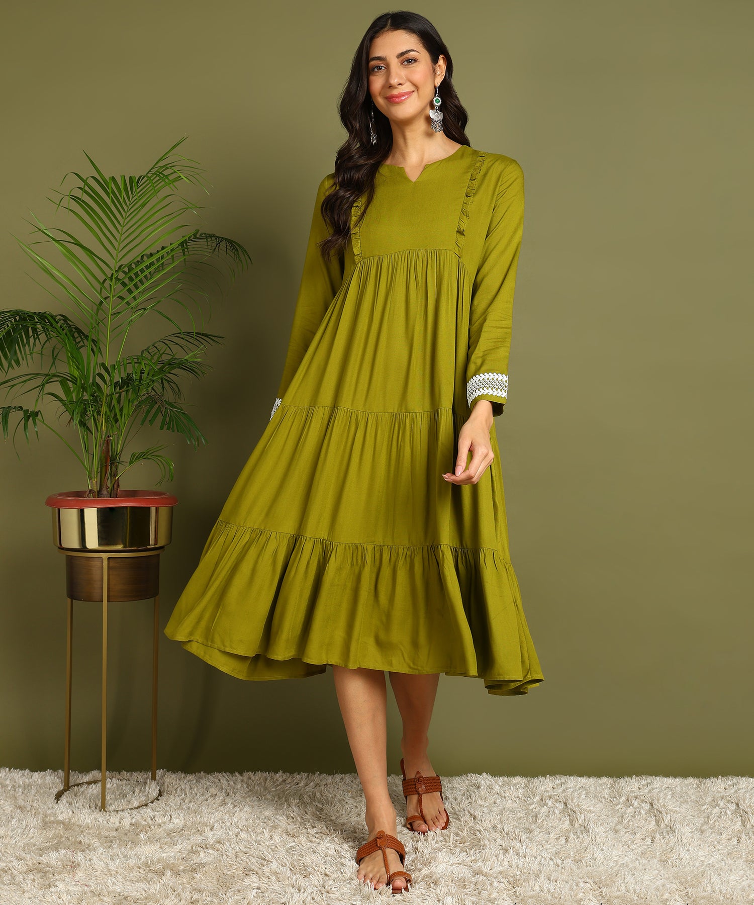 Olive Green Maternity Wear Midi Dress