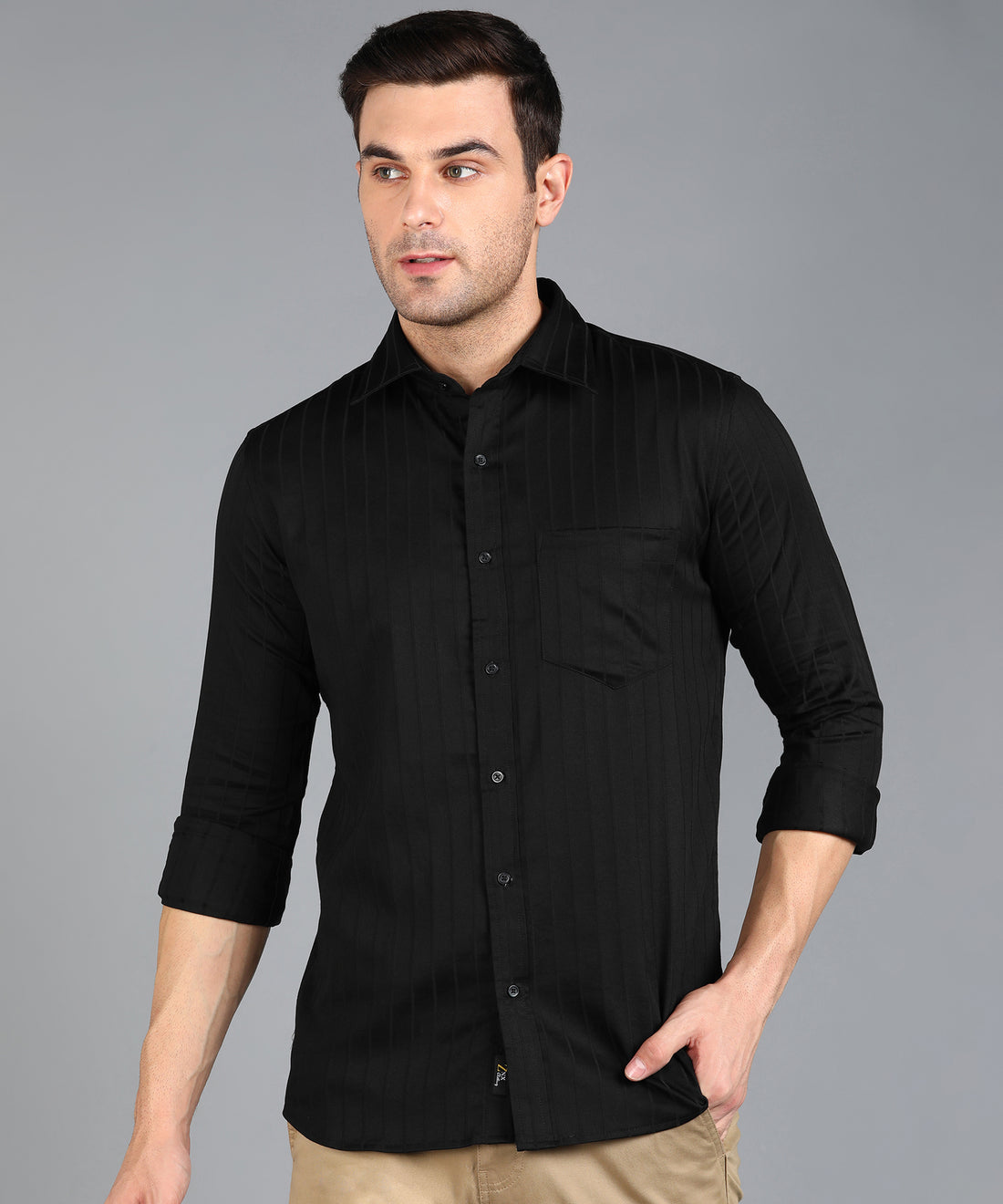 Self Striped Black Slim Fit Shirt