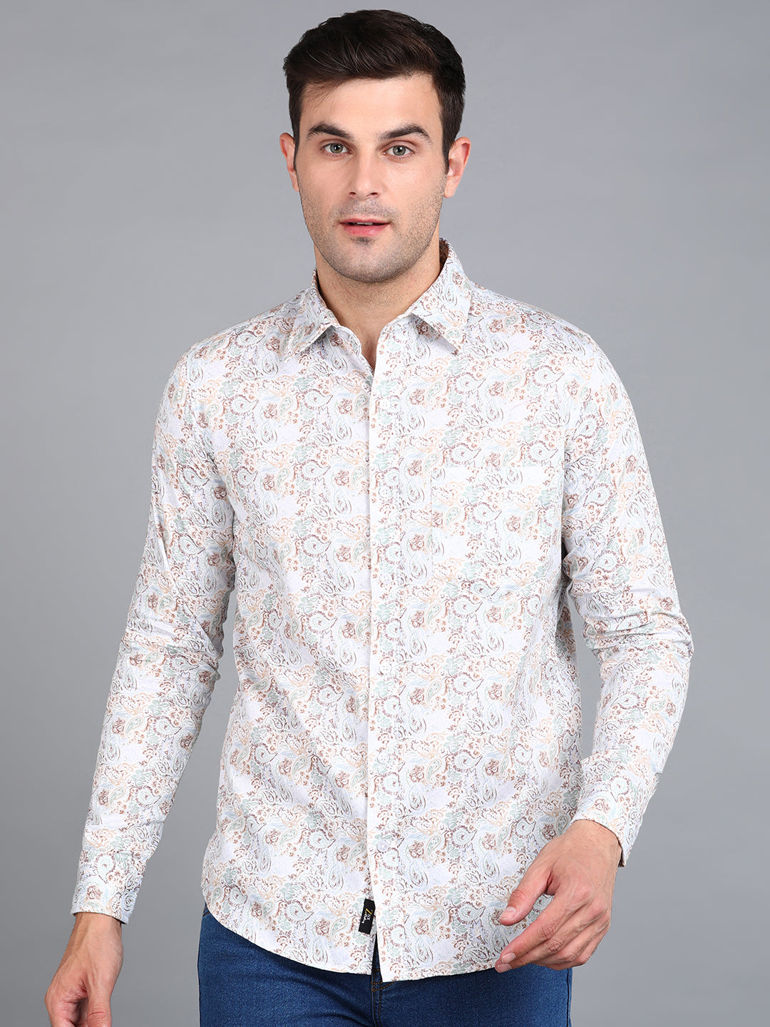 Beige Floral Printed Off White Slim Fit Shirt