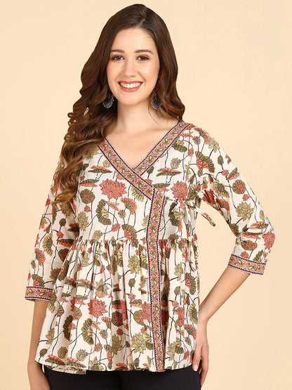 Floral Printed Angrakha Style Cream Top