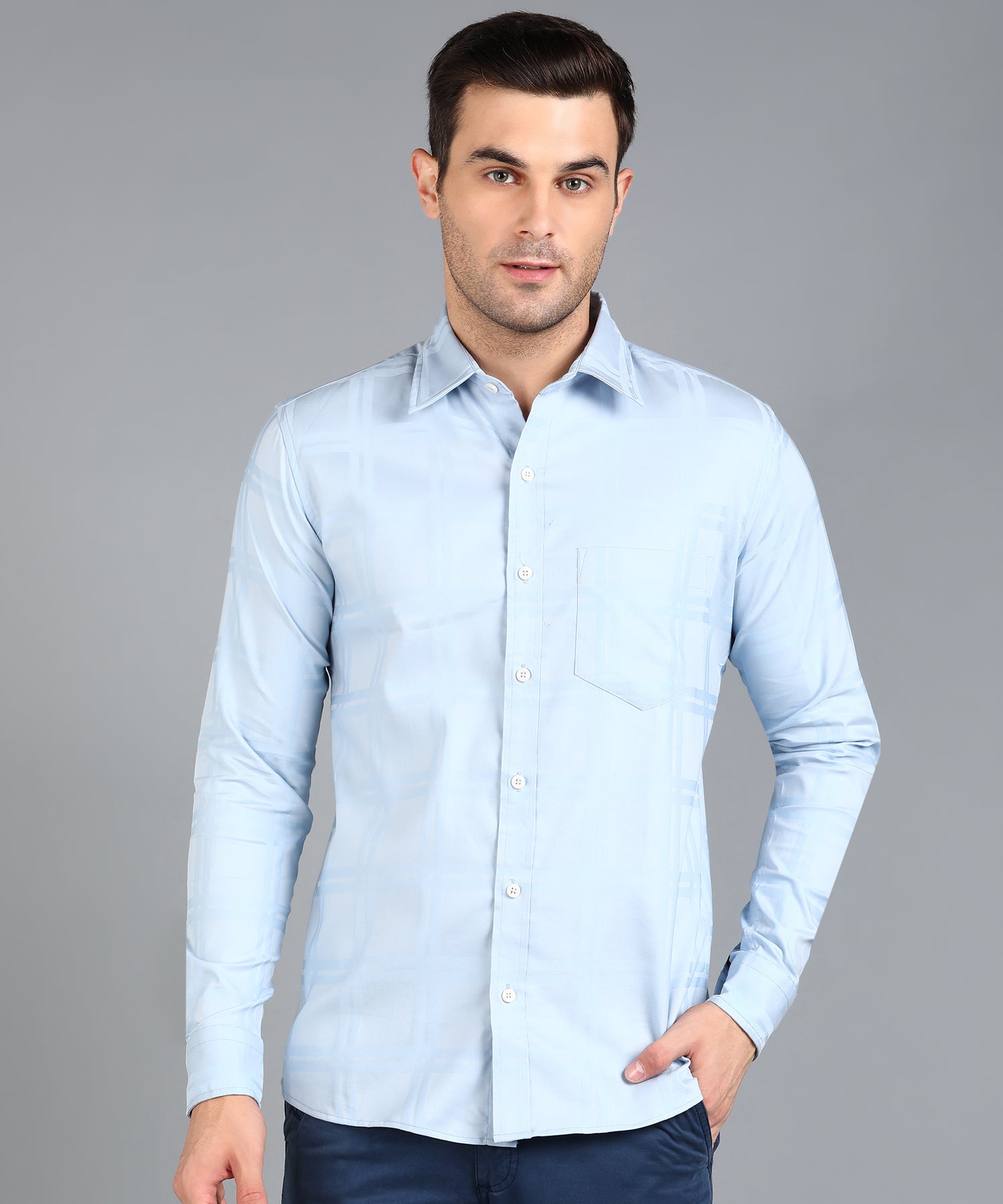 Self Design Sky Blue Slim Fit Shirt