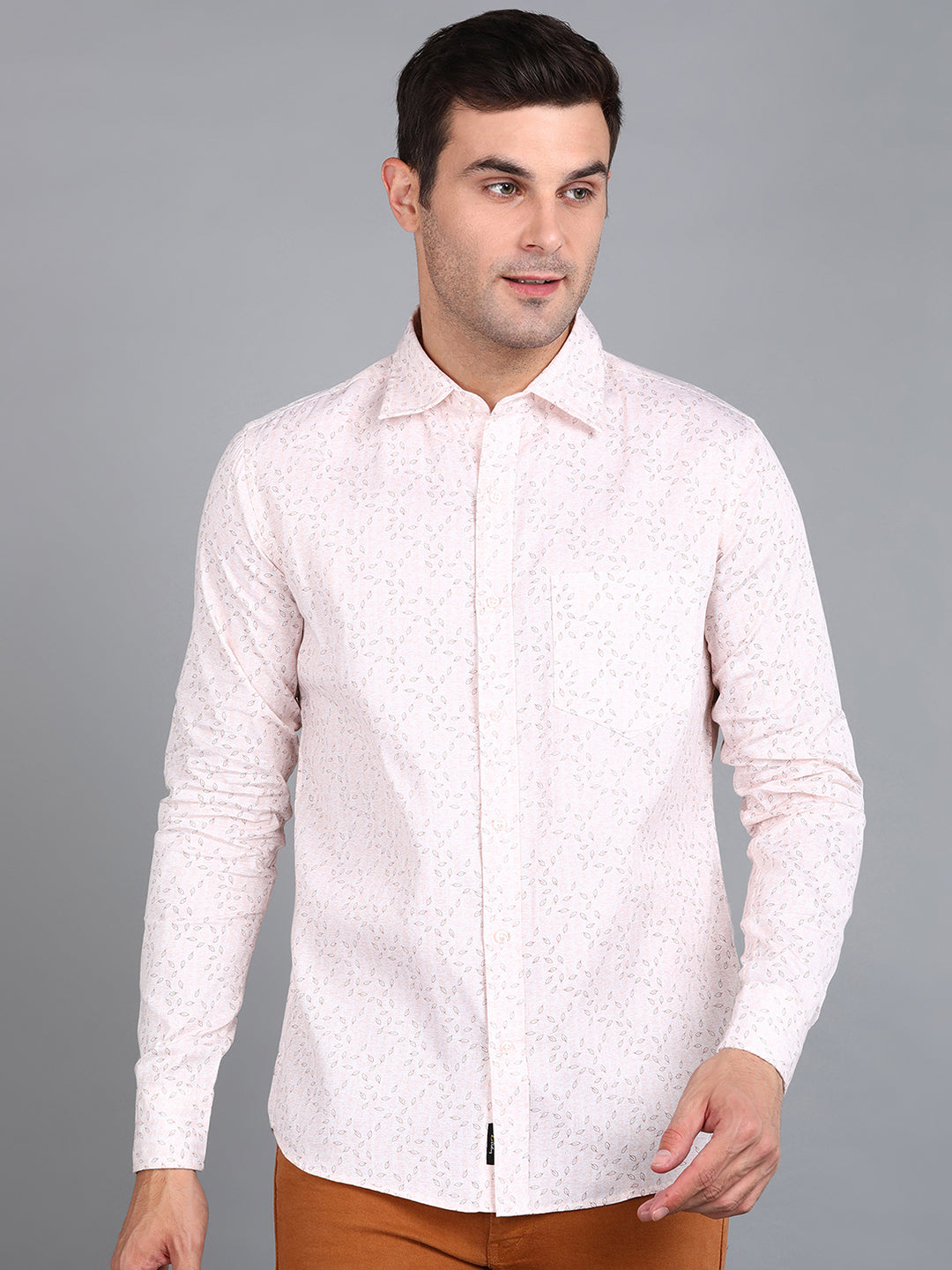 Beige Leaf Printed Slim Fit Shirt