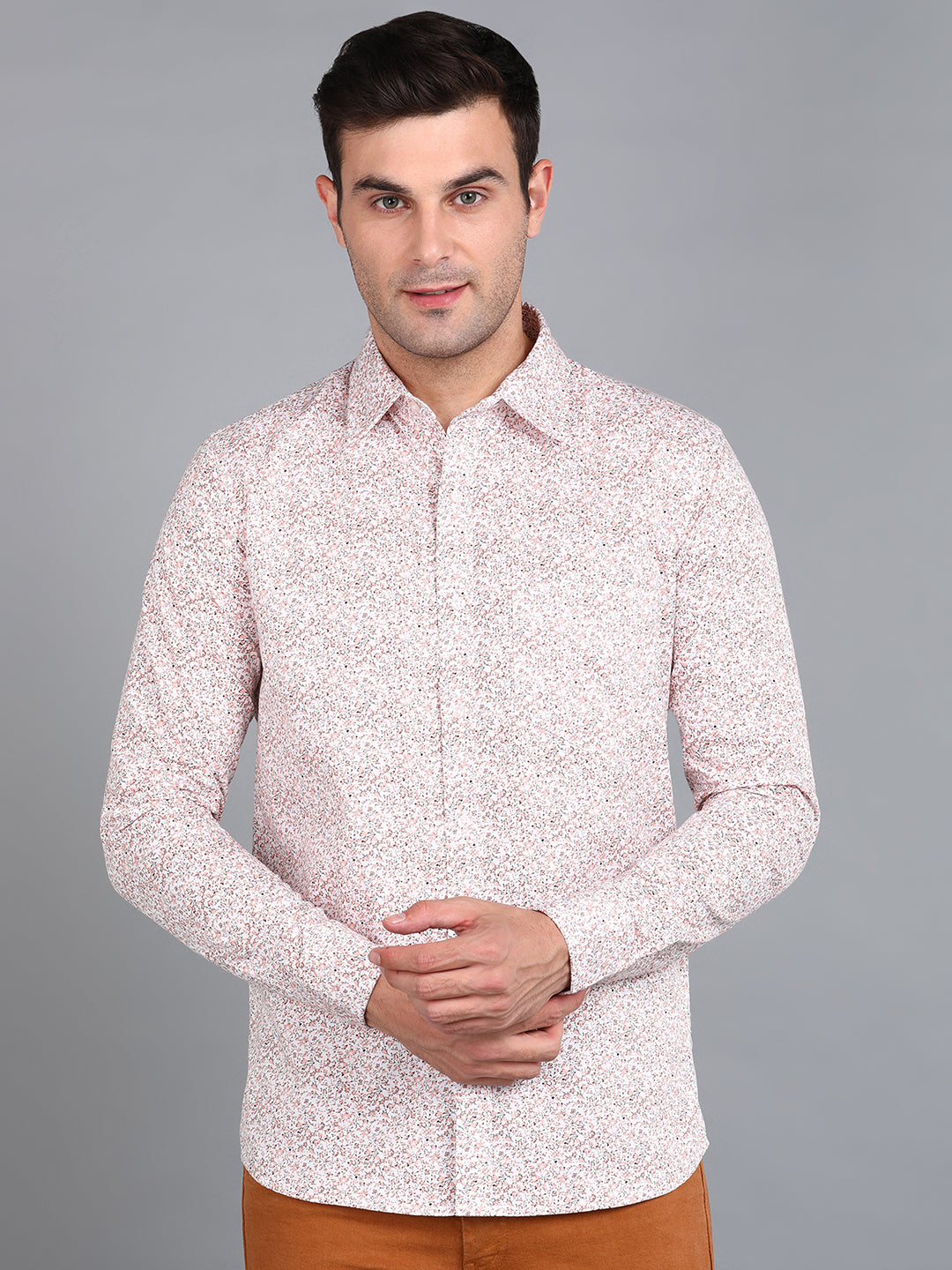 Beige Floral Printed Slim Fit Shirt