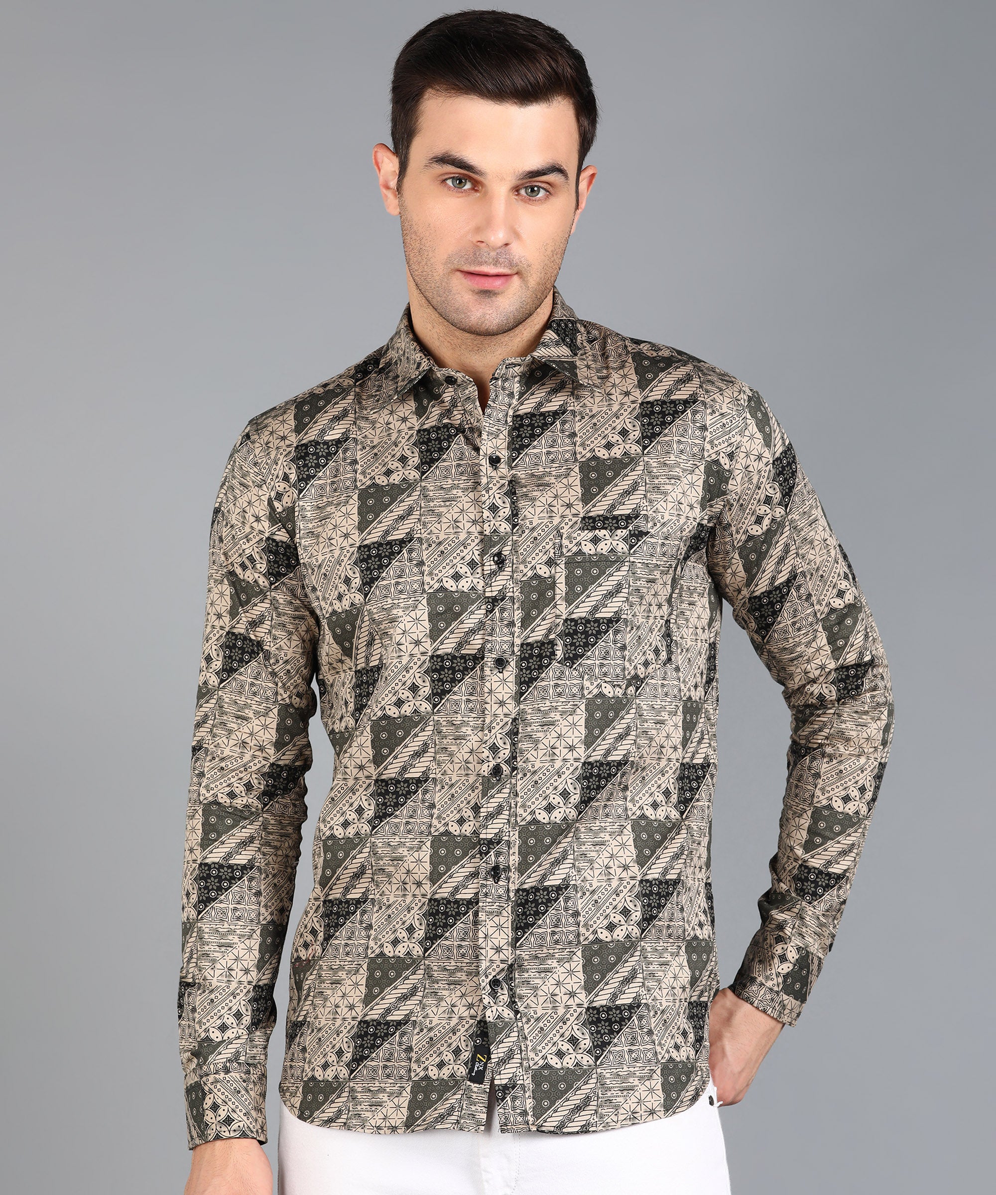 Black Geomatric Printed Beige Slim Fit Shirt