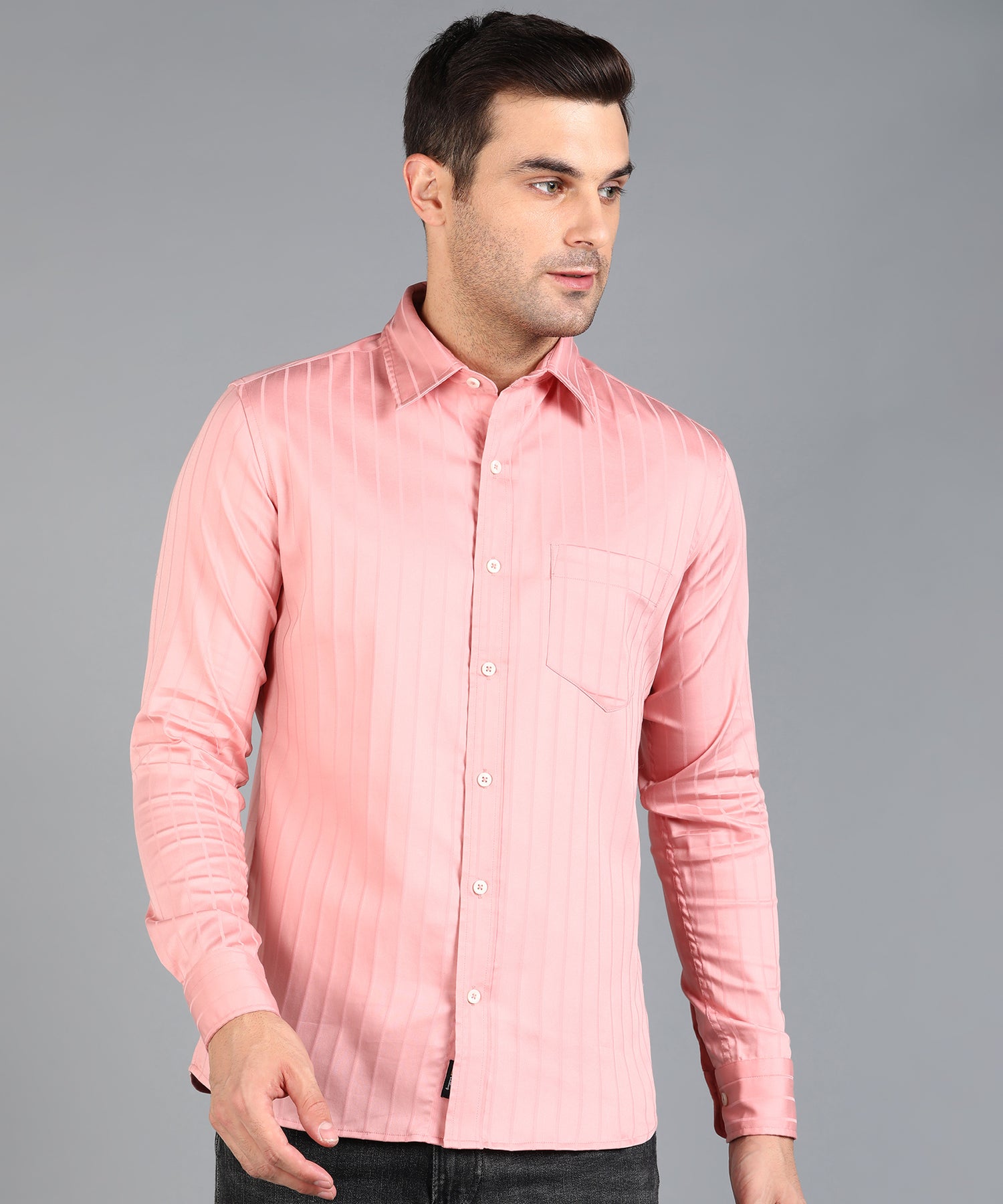 Self Striped Peach Slim Fit Shirt