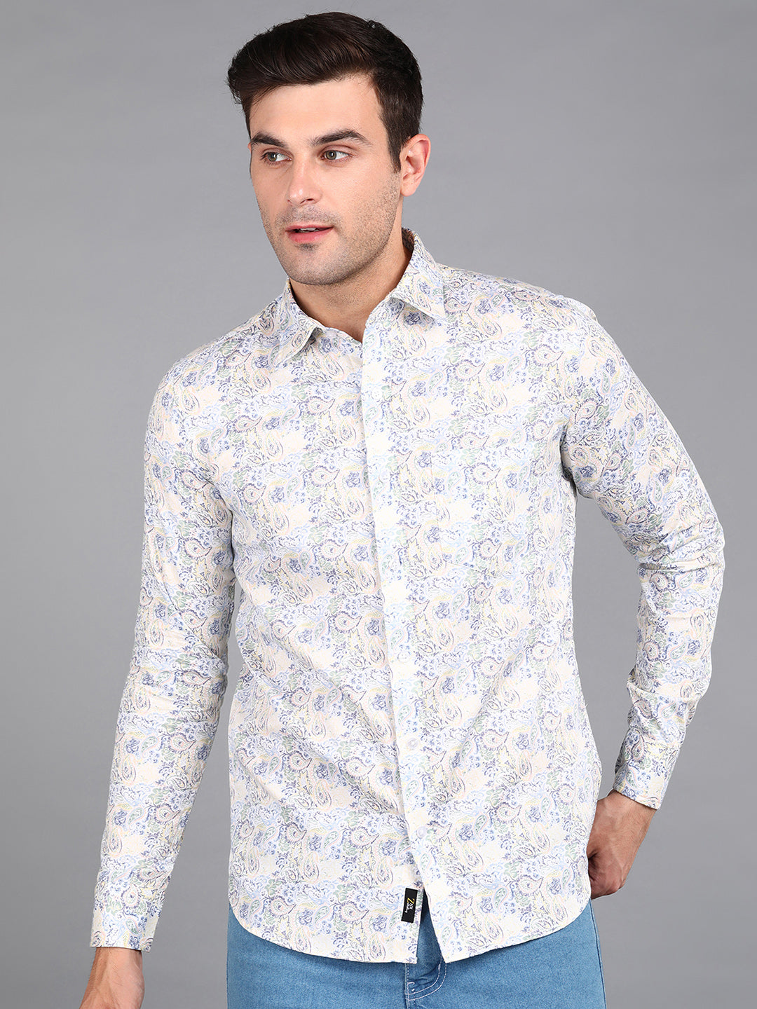 Yellow Floral Printed Off White Slim Fit Shirt