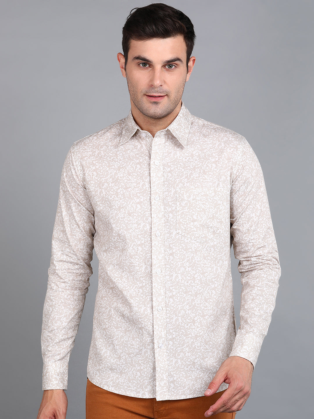 Beige Floral Printed Slim Fit Shirt