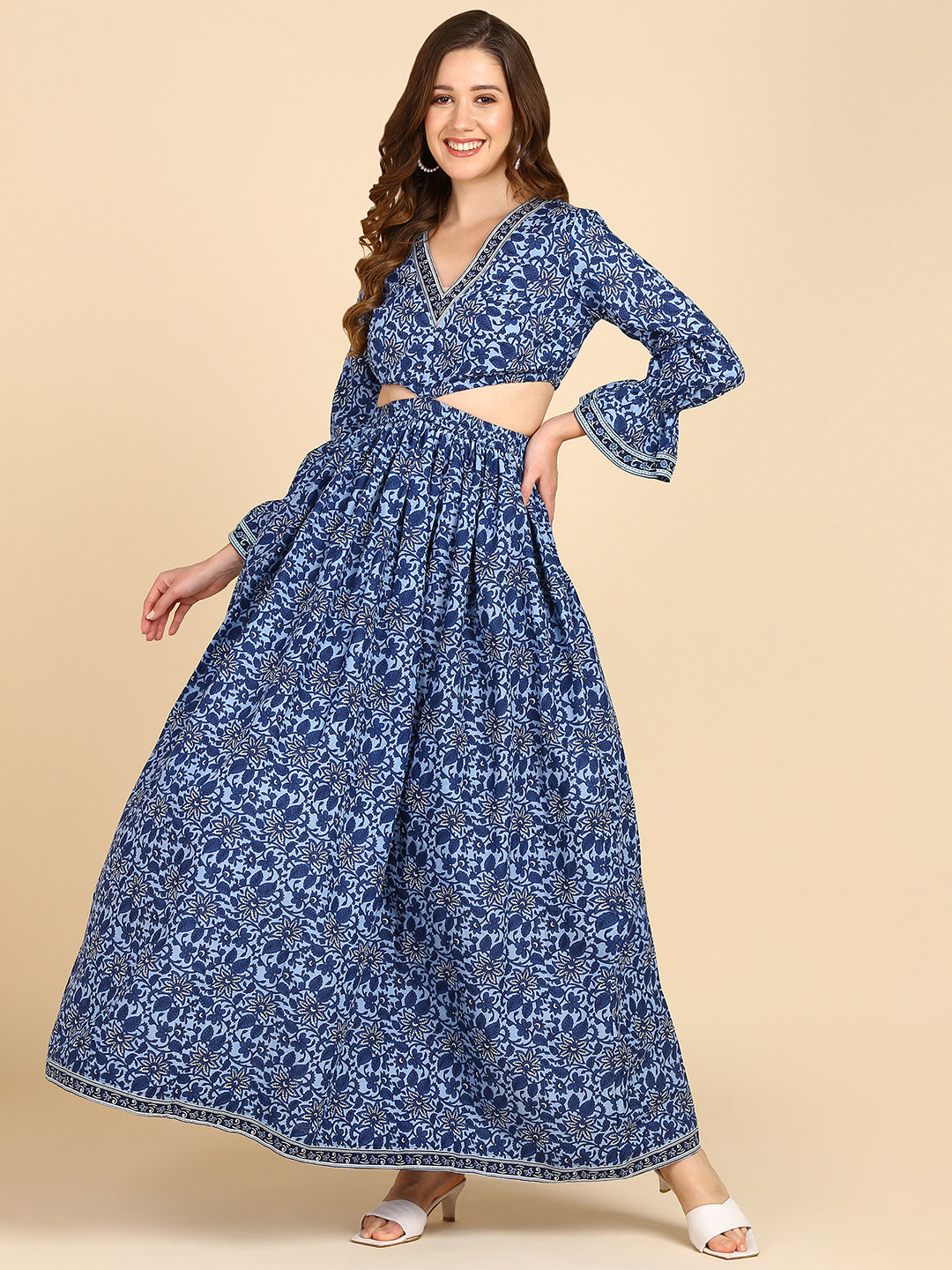 Indigo Blue Floral Waist Cut-Out Maxi DressDress