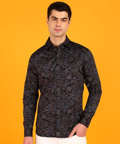 Men Blue &amp; Pink Leaf Motif Black Shirt