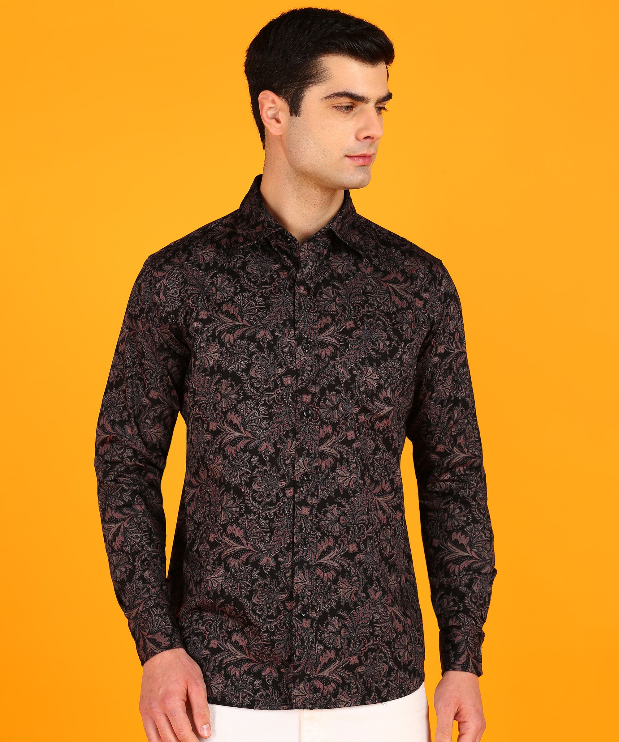 Men Brown &amp; Pink Floral Printed Full Sleeves Black Shirt