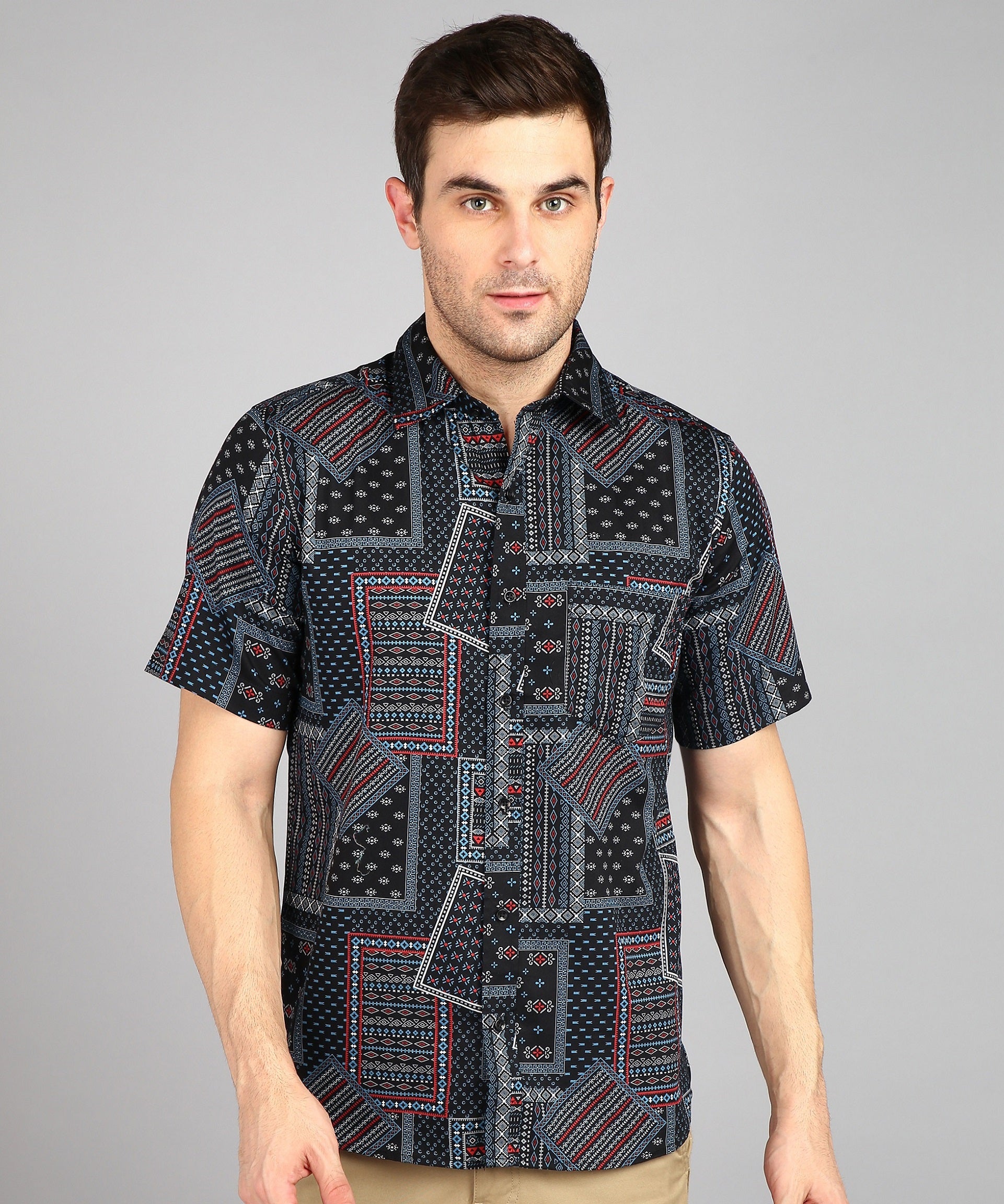 Black Geomatric Print Half Slim Fit Shirt