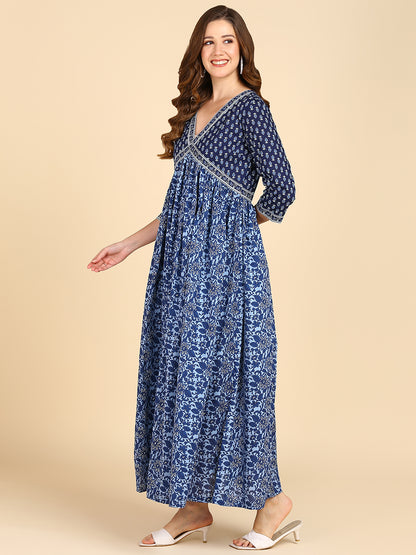 Indigo Blue Floral Maxi Dress With Border Details