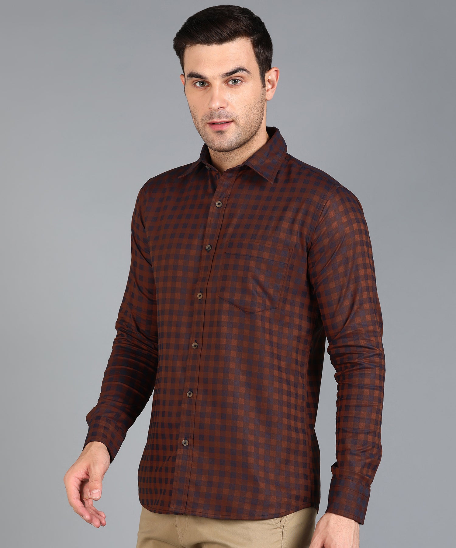 Brown &amp; Blue Checked Slim Fit Shirt