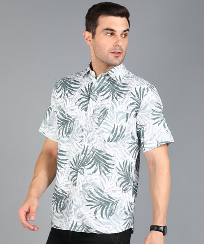 Grey Leaf Printed Half Slim Fit Shirt