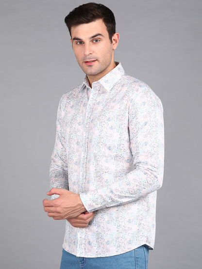 Light Pink Floral Printed Off White Slim Fit Shirt