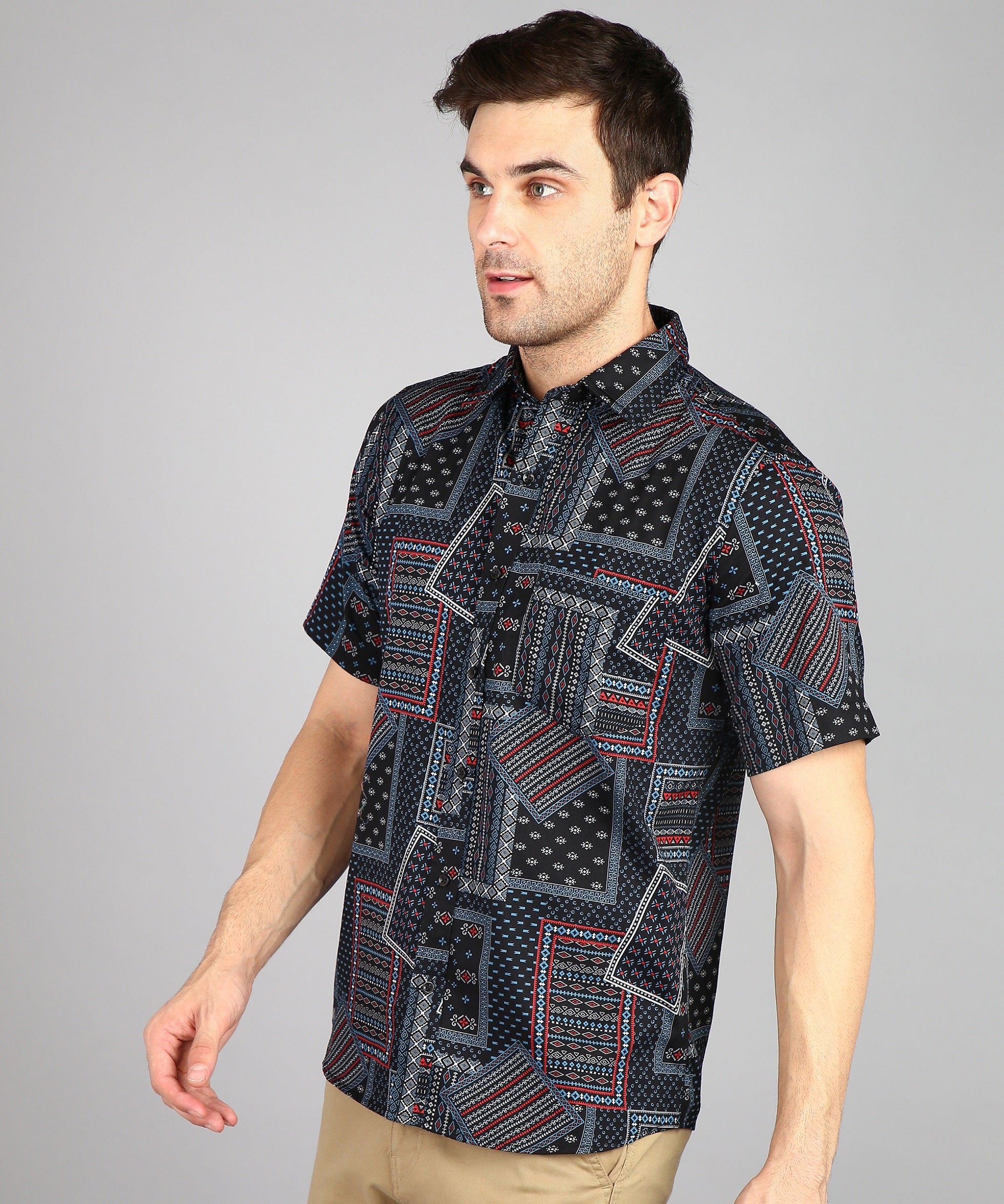 Black Geomatric Print Half Slim Fit Shirt