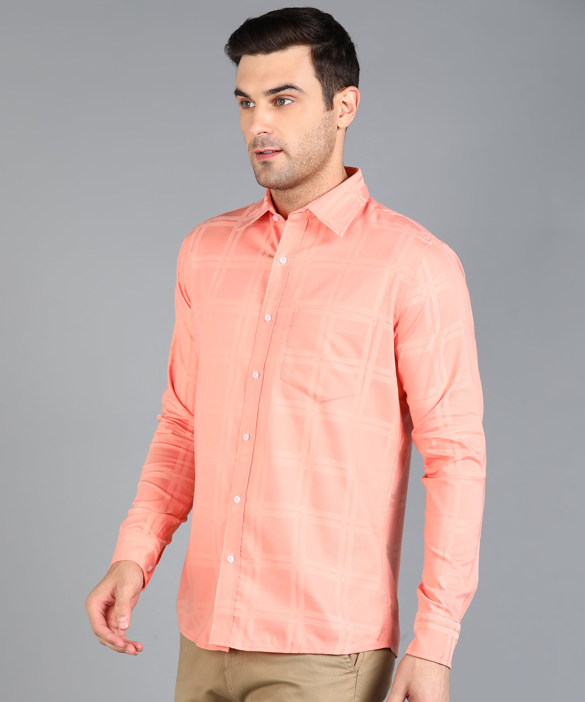 Self Design Peach Slim Fit Shirt