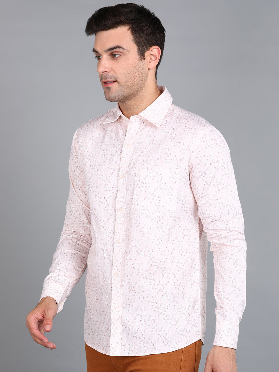 Beige Leaf Printed Slim Fit Shirt