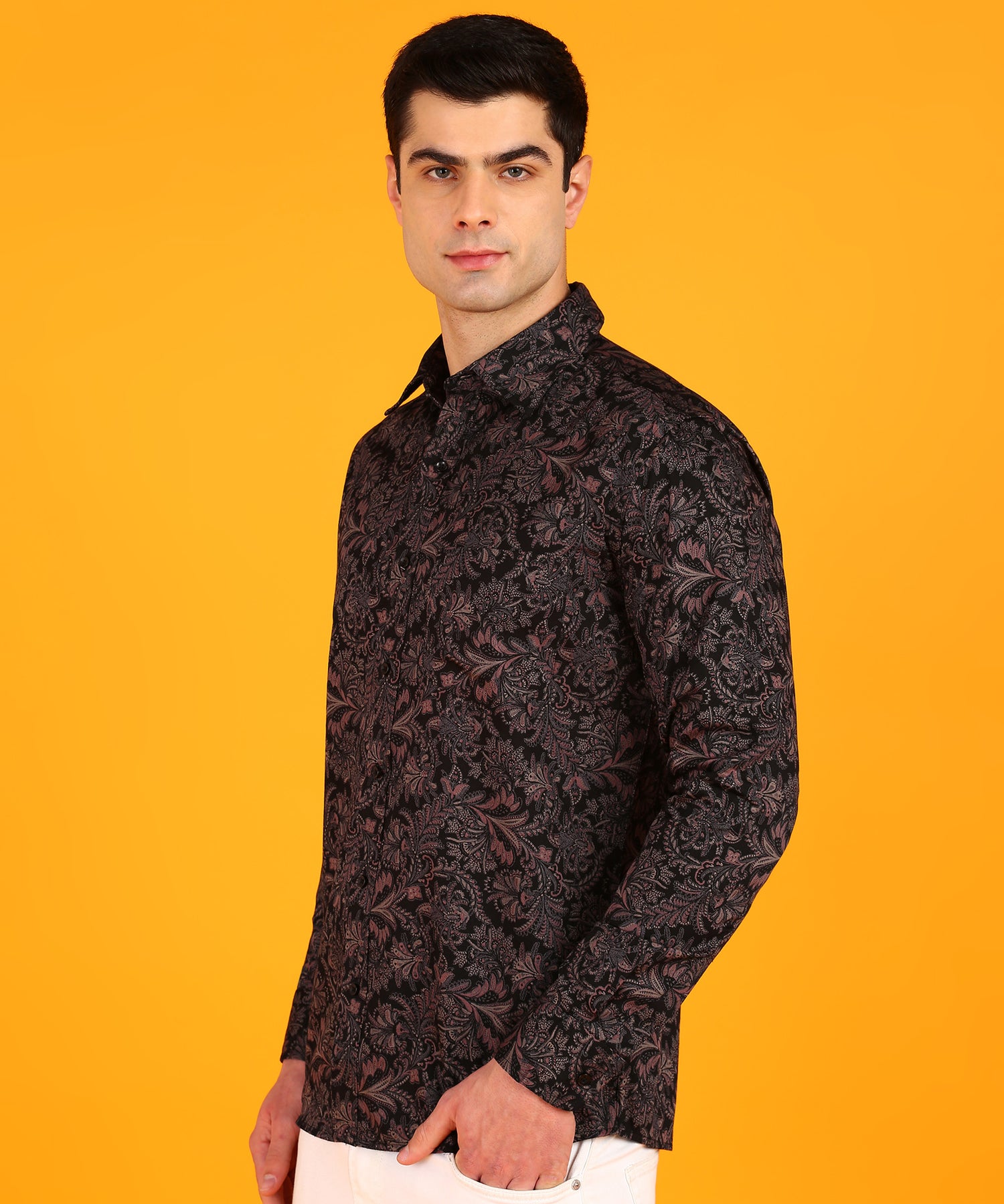 Men Brown &amp; Pink Floral Printed Full Sleeves Black Shirt