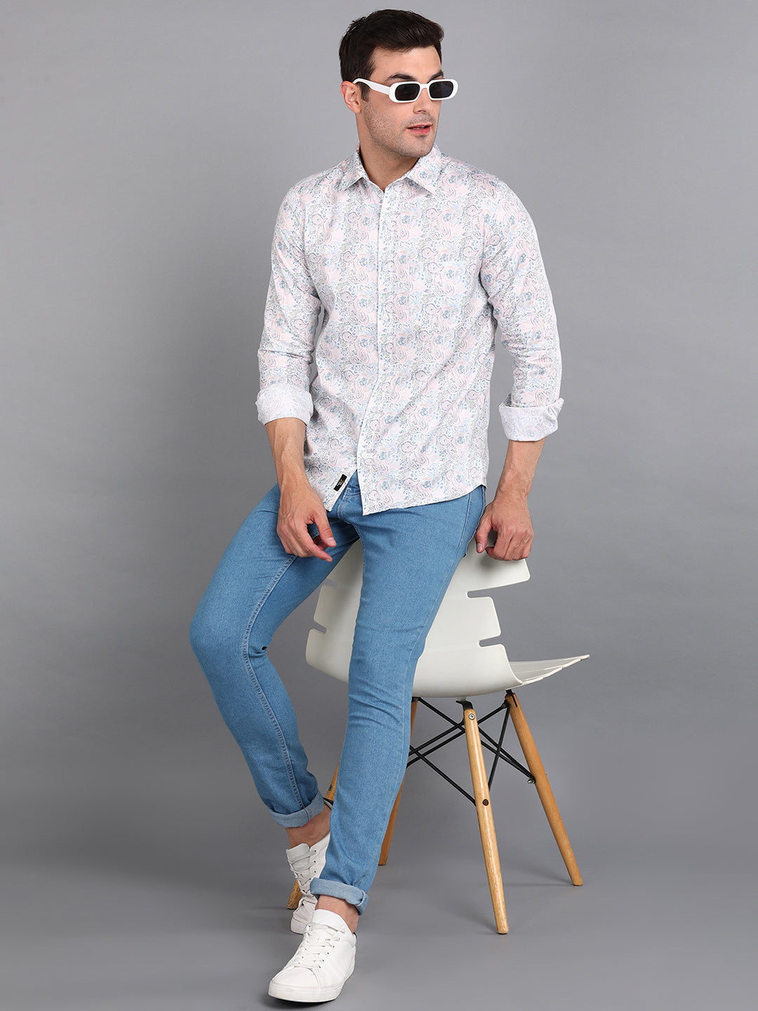 Light Pink Floral Printed Off White Slim Fit Shirt