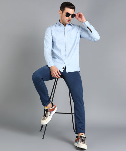 Self Design Sky Blue Slim Fit Shirt