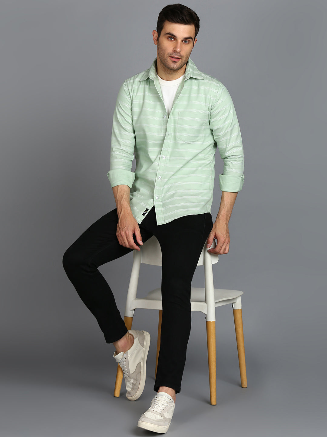 White Stripe Green Slim Fit Shirt