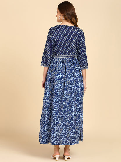 Indigo Blue Floral Maxi Dress With Border Details