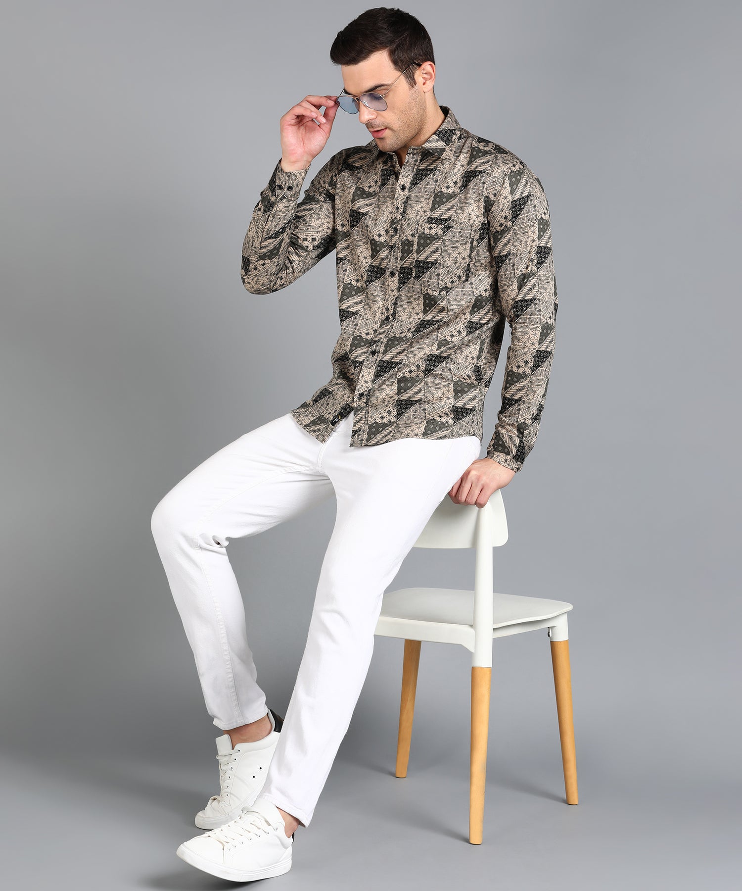 Black Geomatric Printed Beige Slim Fit Shirt