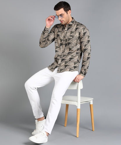 Black Geomatric Printed Beige Slim Fit Shirt