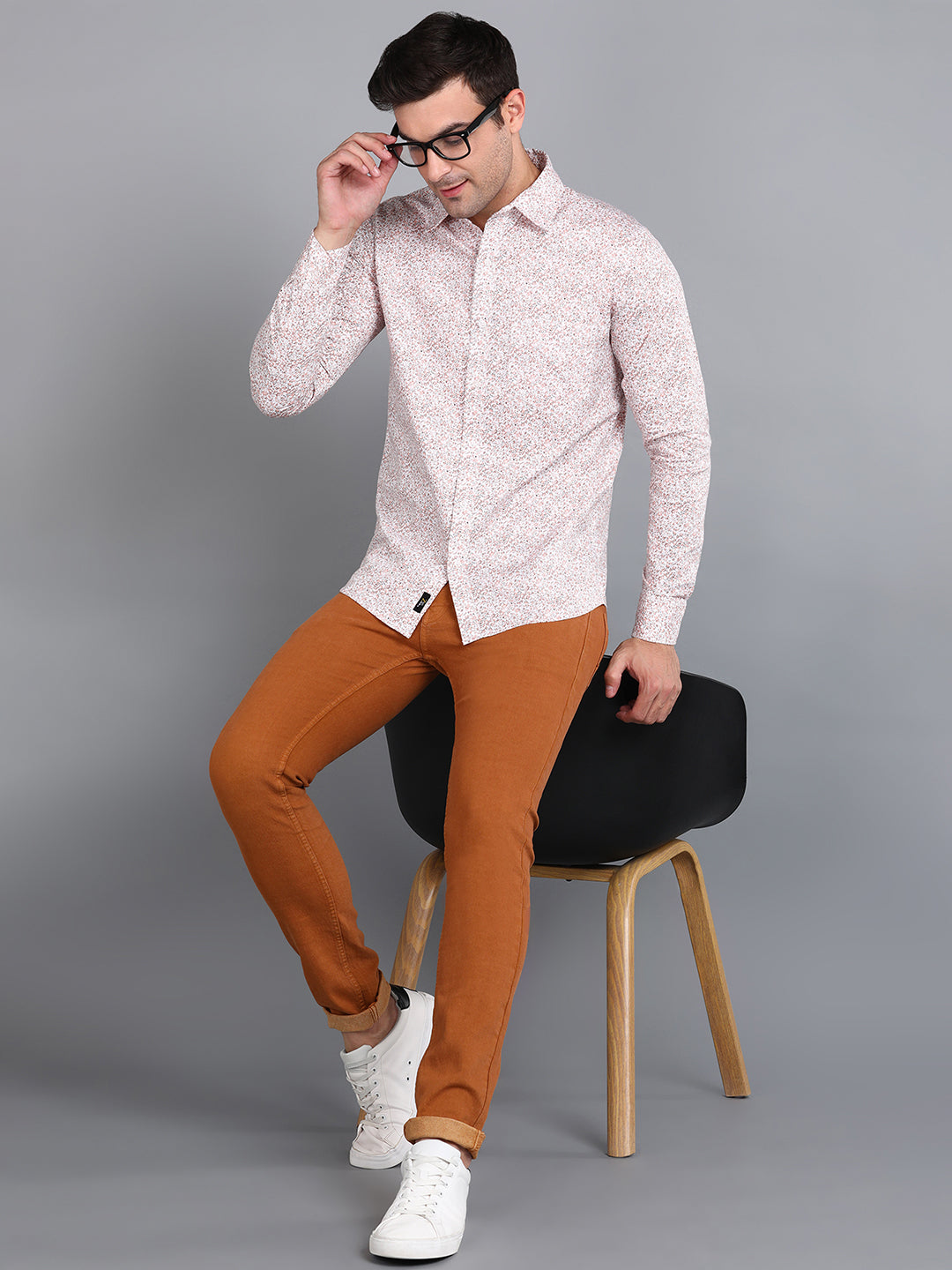 Beige Floral Printed Slim Fit Shirt