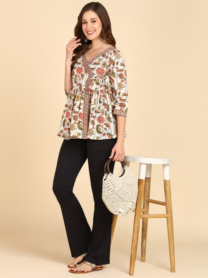 Floral Printed Angrakha Style Cream Top