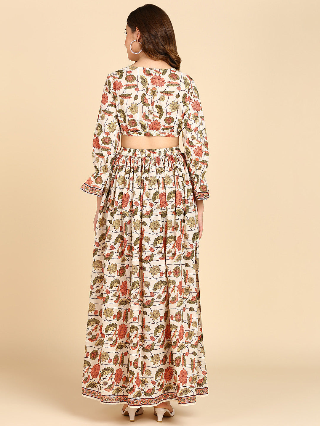 Floral Printed Cream Waist Cut-Out Maxi Dress Dress