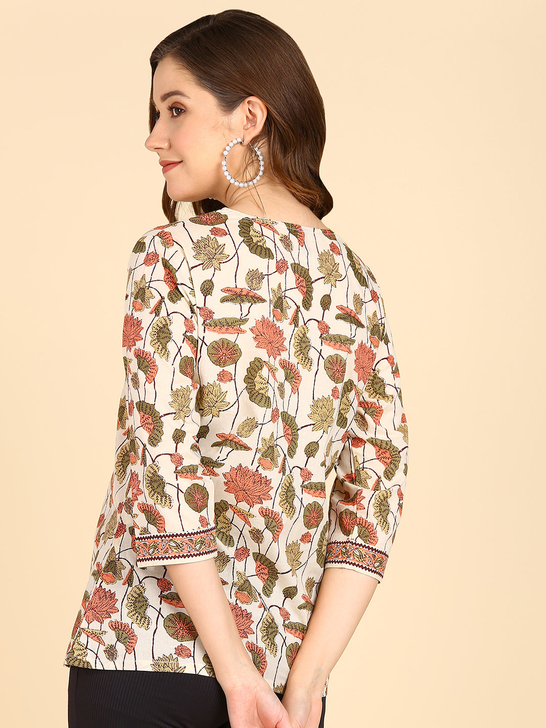 Floral Printed Cream Top With Front Border Deatails