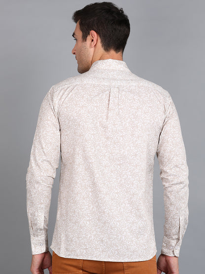 Beige Floral Printed Slim Fit Shirt