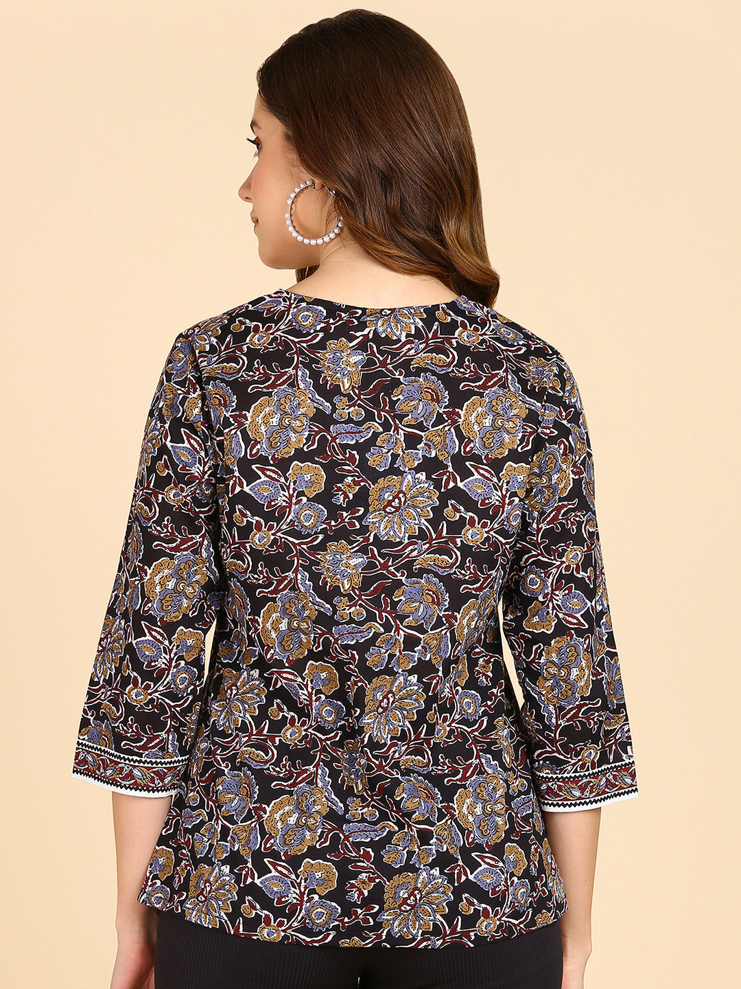 Black Floral Printed Top With Front Border Details
