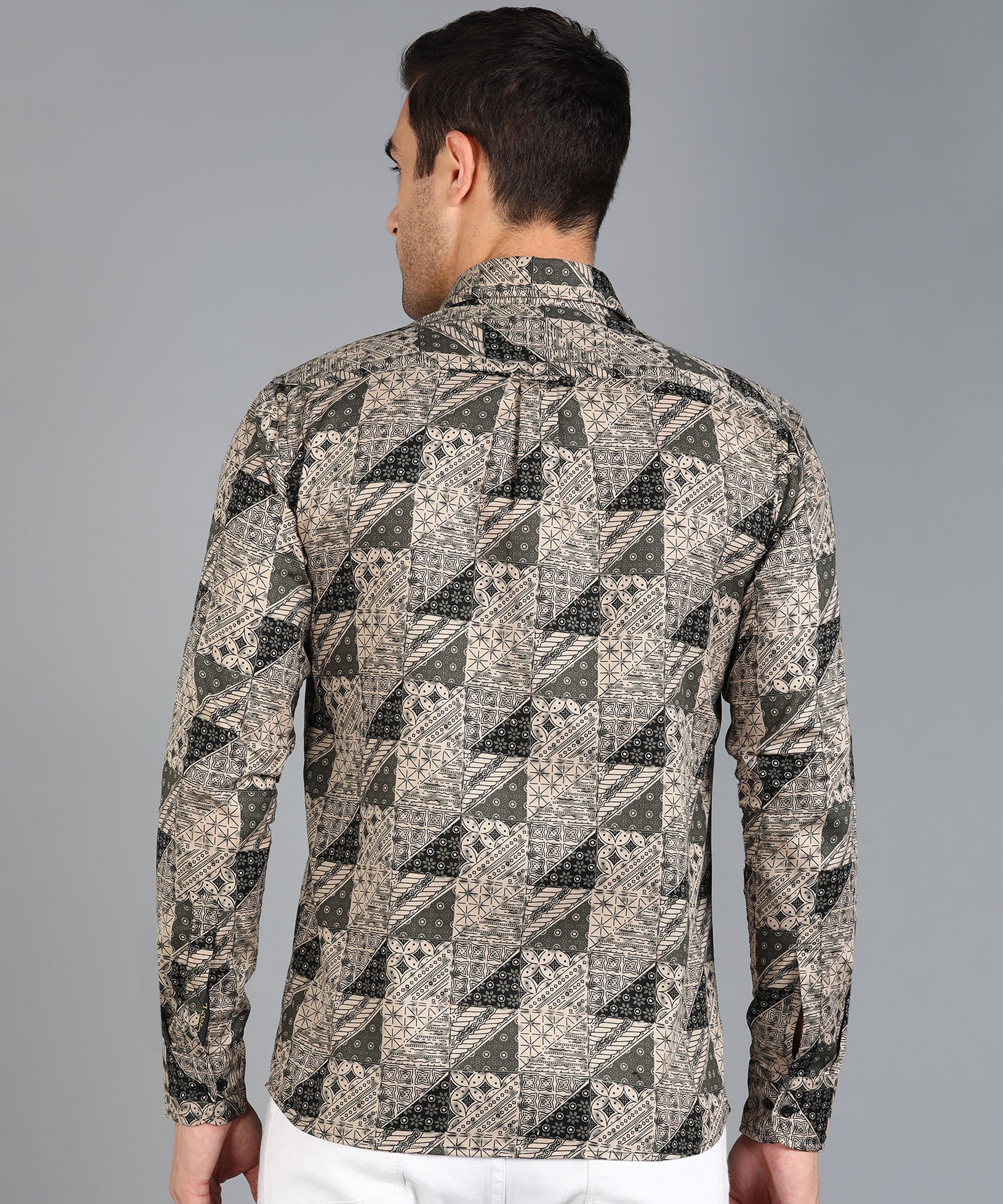 Black Geomatric Printed Beige Slim Fit Shirt