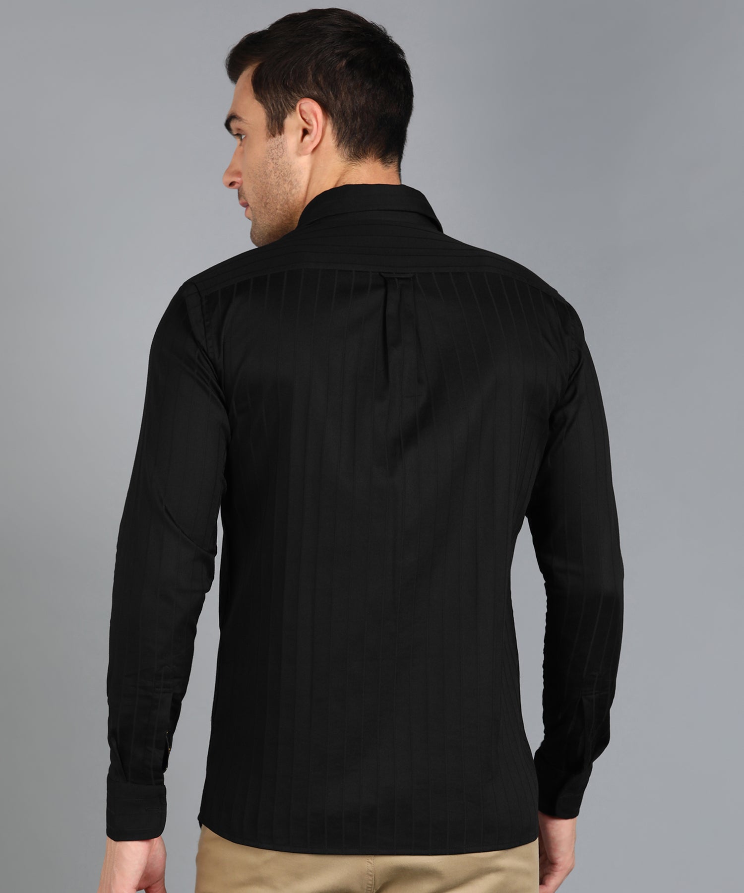 Self Striped Black Slim Fit Shirt