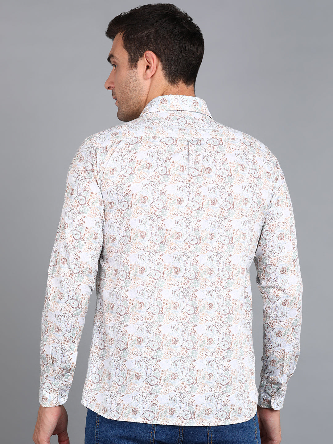 Beige Floral Printed Off White Slim Fit Shirt
