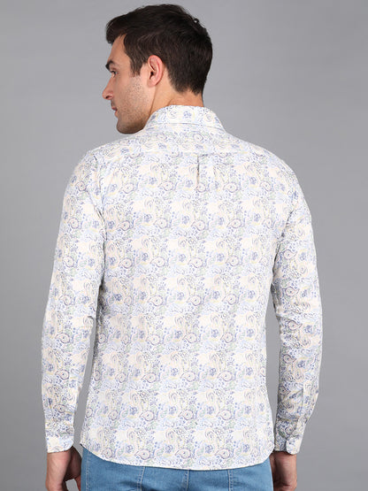 Yellow Floral Printed Off White Slim Fit Shirt