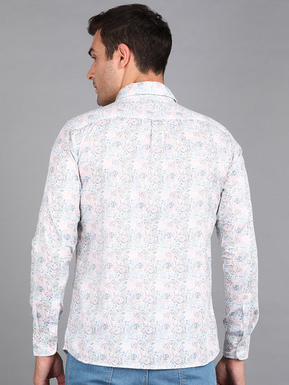 Light Pink Floral Printed Off White Slim Fit Shirt