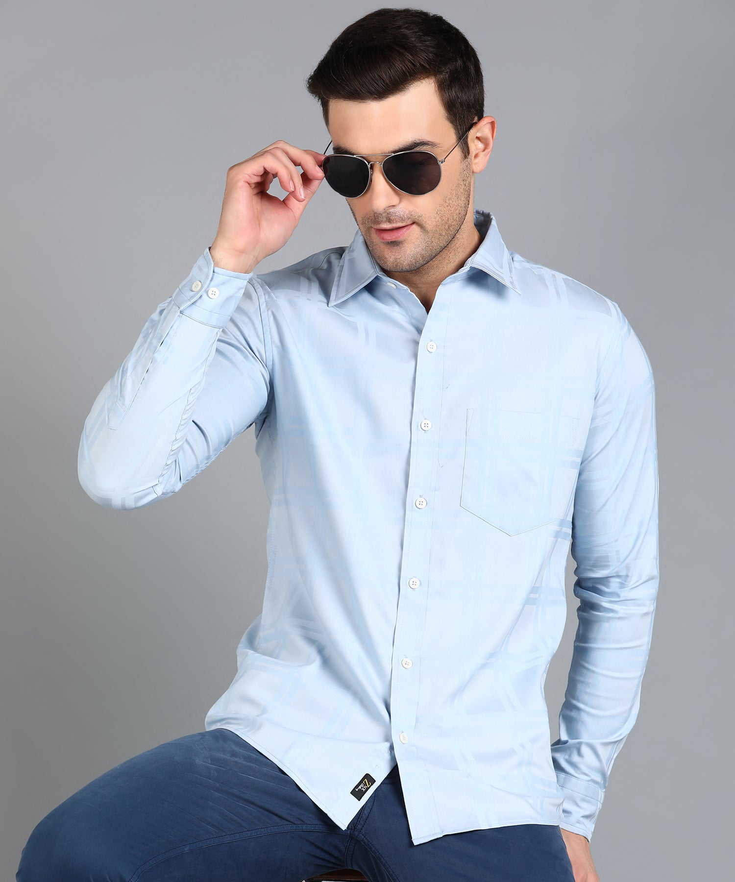 Self Design Sky Blue Slim Fit Shirt