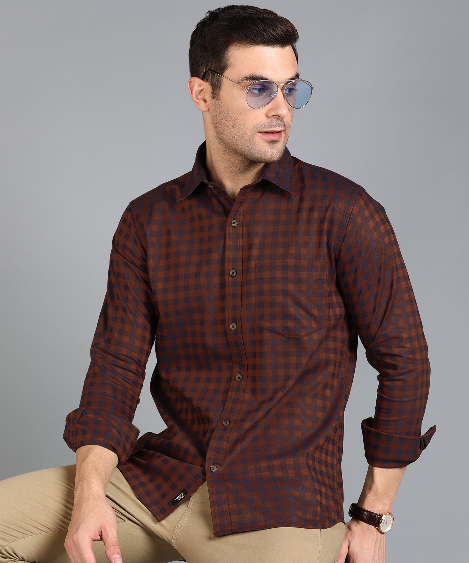 Brown &amp; Blue Checked Slim Fit Shirt
