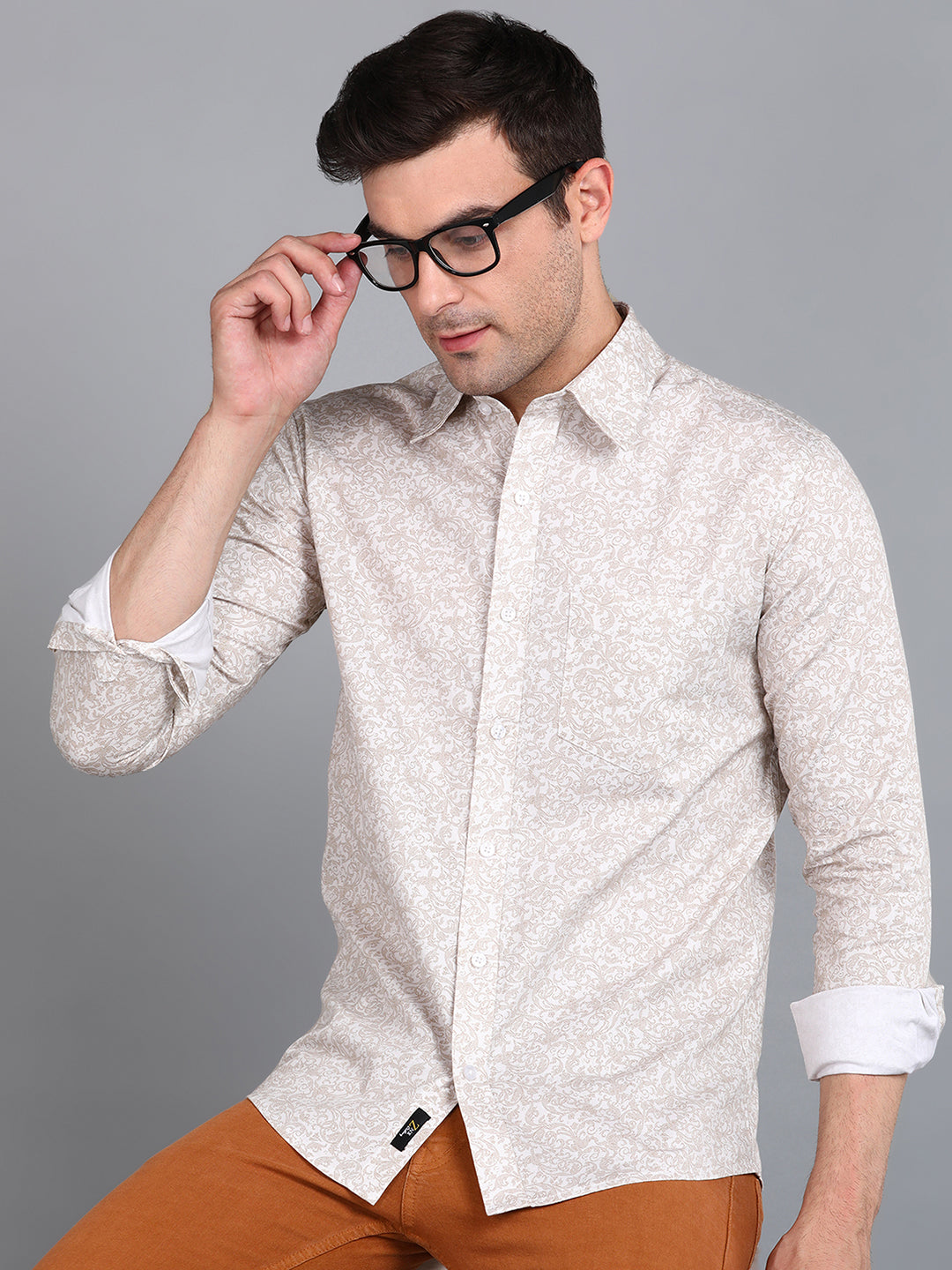 Beige Floral Printed Slim Fit Shirt