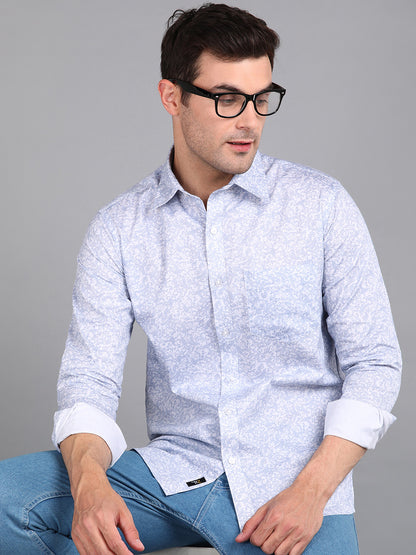 Blue Leaf &amp; Floral Printed Slim Fit Shirt