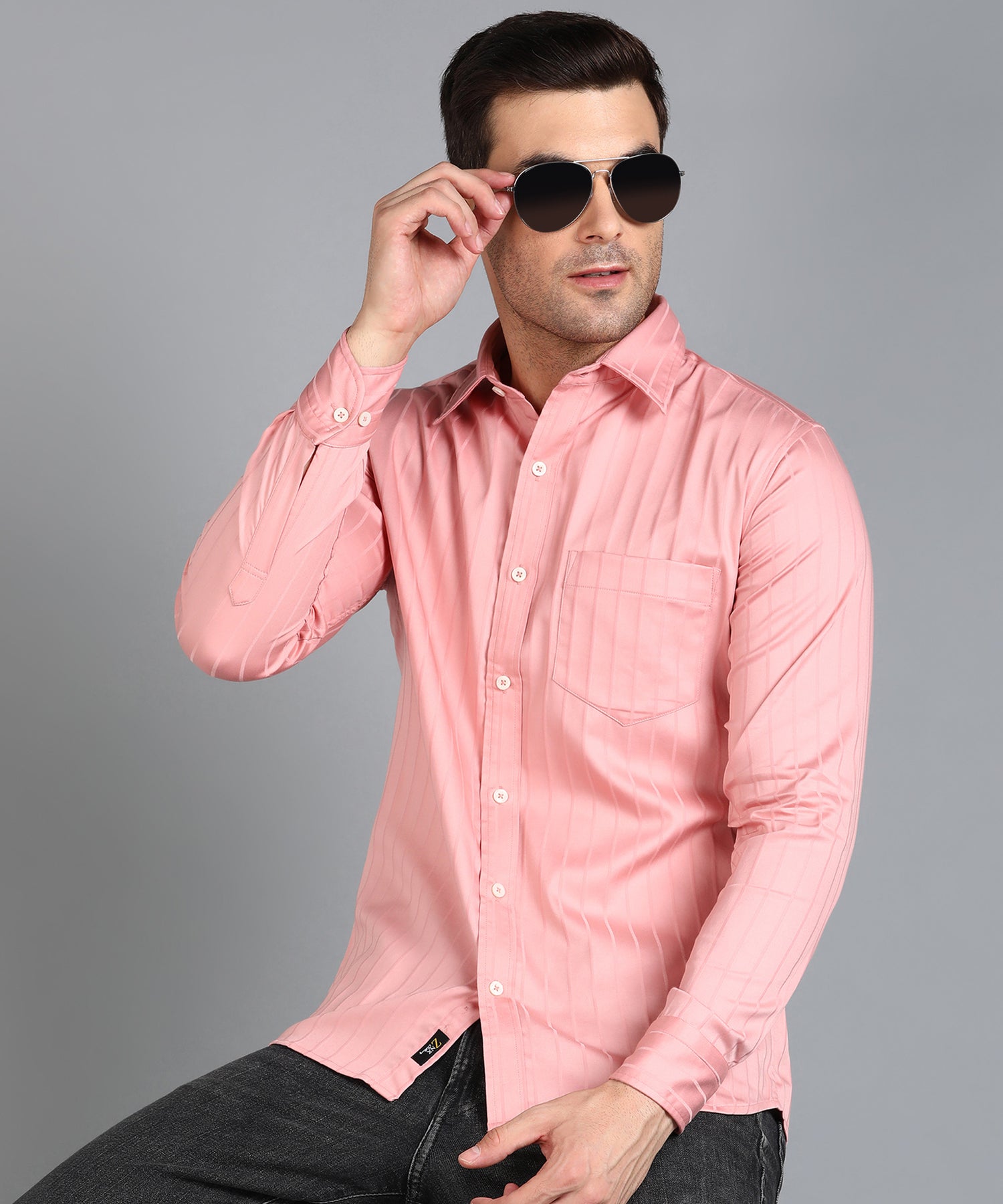 Self Striped Peach Slim Fit Shirt