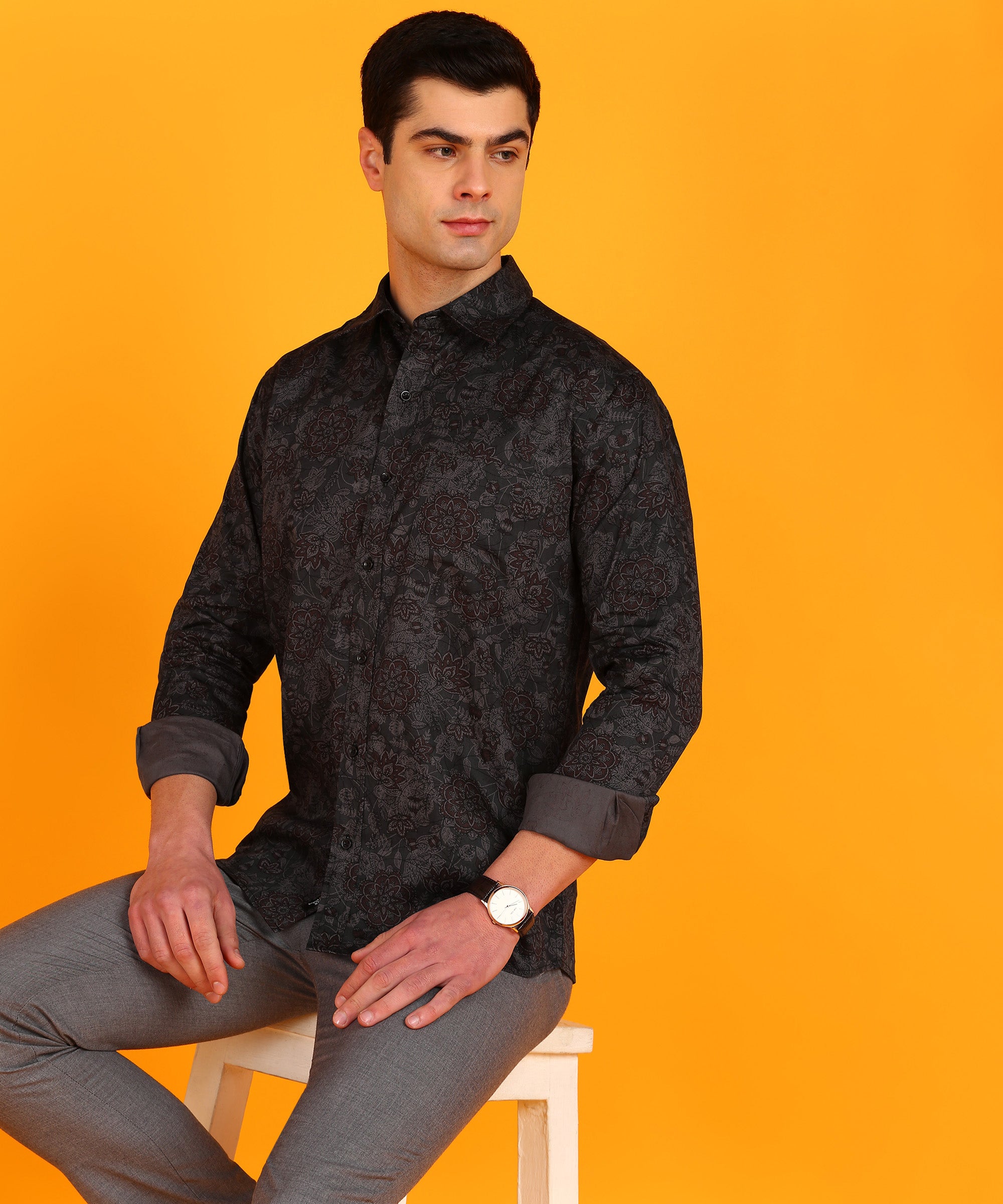 Men Dark Grey &amp; Brown Floral Print Shirt