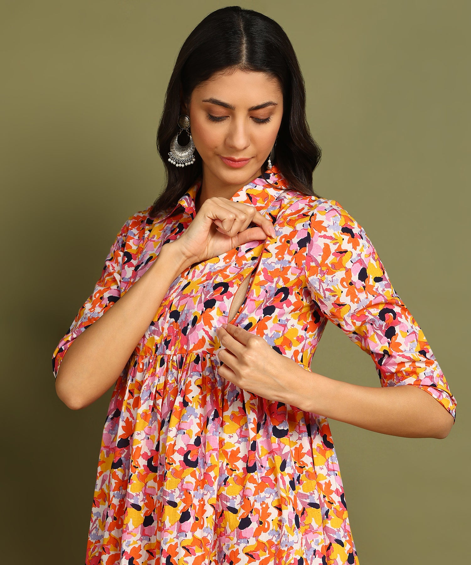 Multicolored Printed Shirt Style Maternity Wear Midi Dress