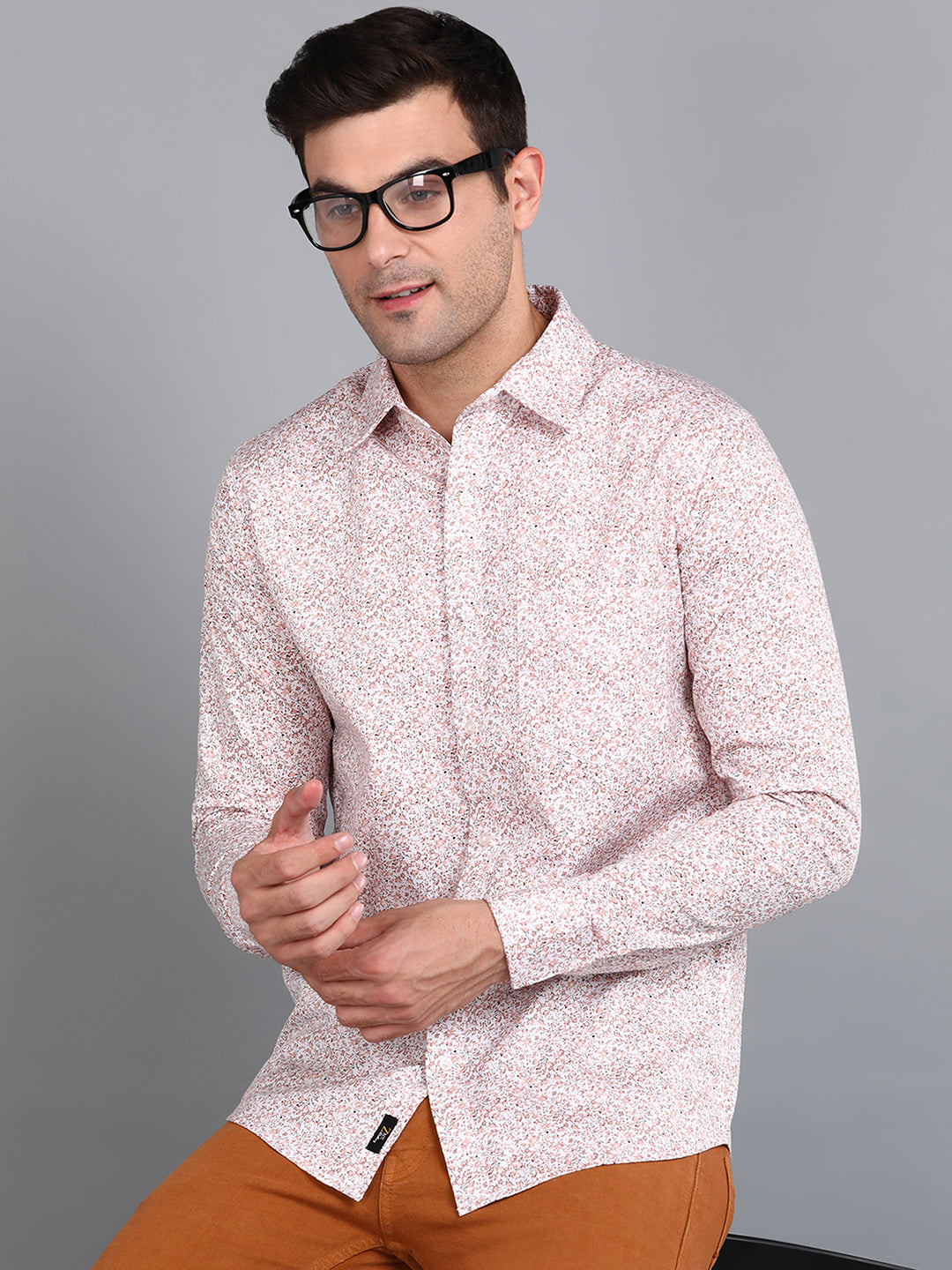 Beige Floral Printed Slim Fit Shirt