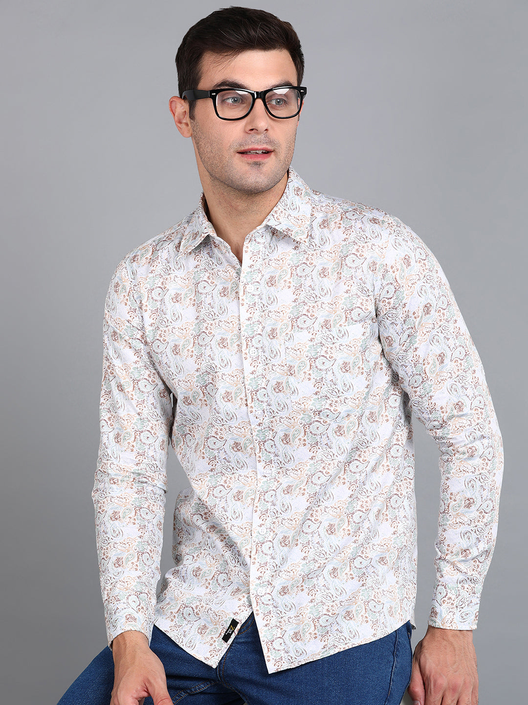 Beige Floral Printed Off White Slim Fit Shirt