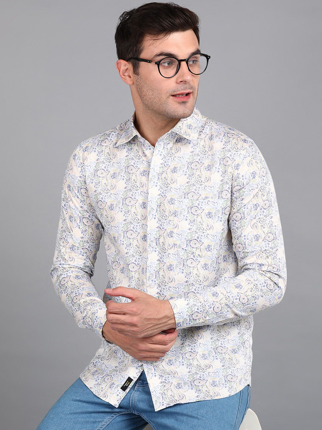 Yellow Floral Printed Off White Slim Fit Shirt